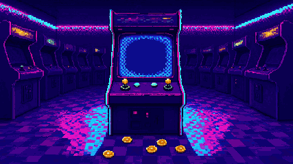 Ruang arcade malam dengan satu kabinet menyala di tengah